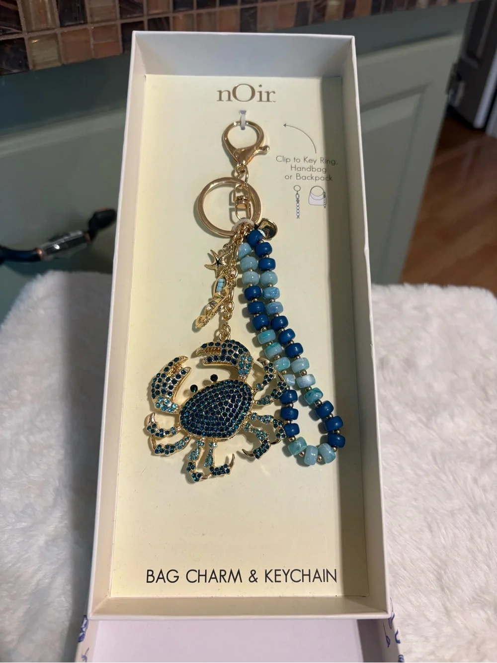 nOir Jewelry Gold and Blue Crab Keychain Bag Charm